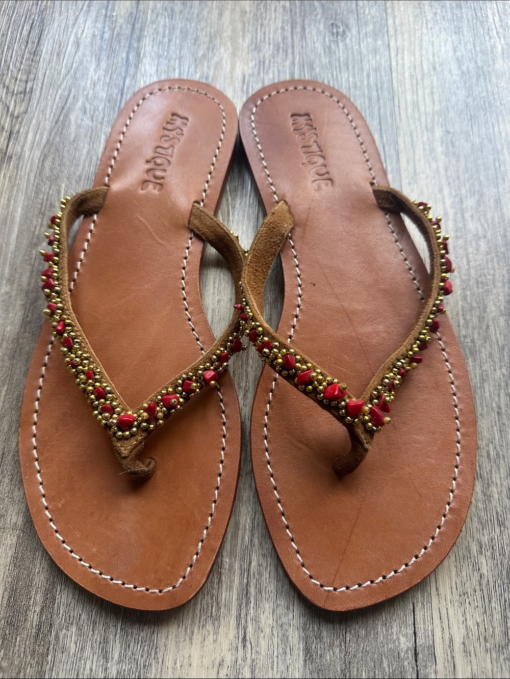 Mystique Boutique Brown Suede Flip Flop Sandals with Red Bead & Gold Stud Detail